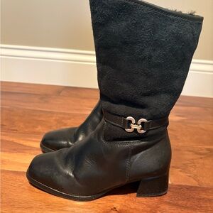 Elegant Black Heeled Leather Boots with Silver Detail